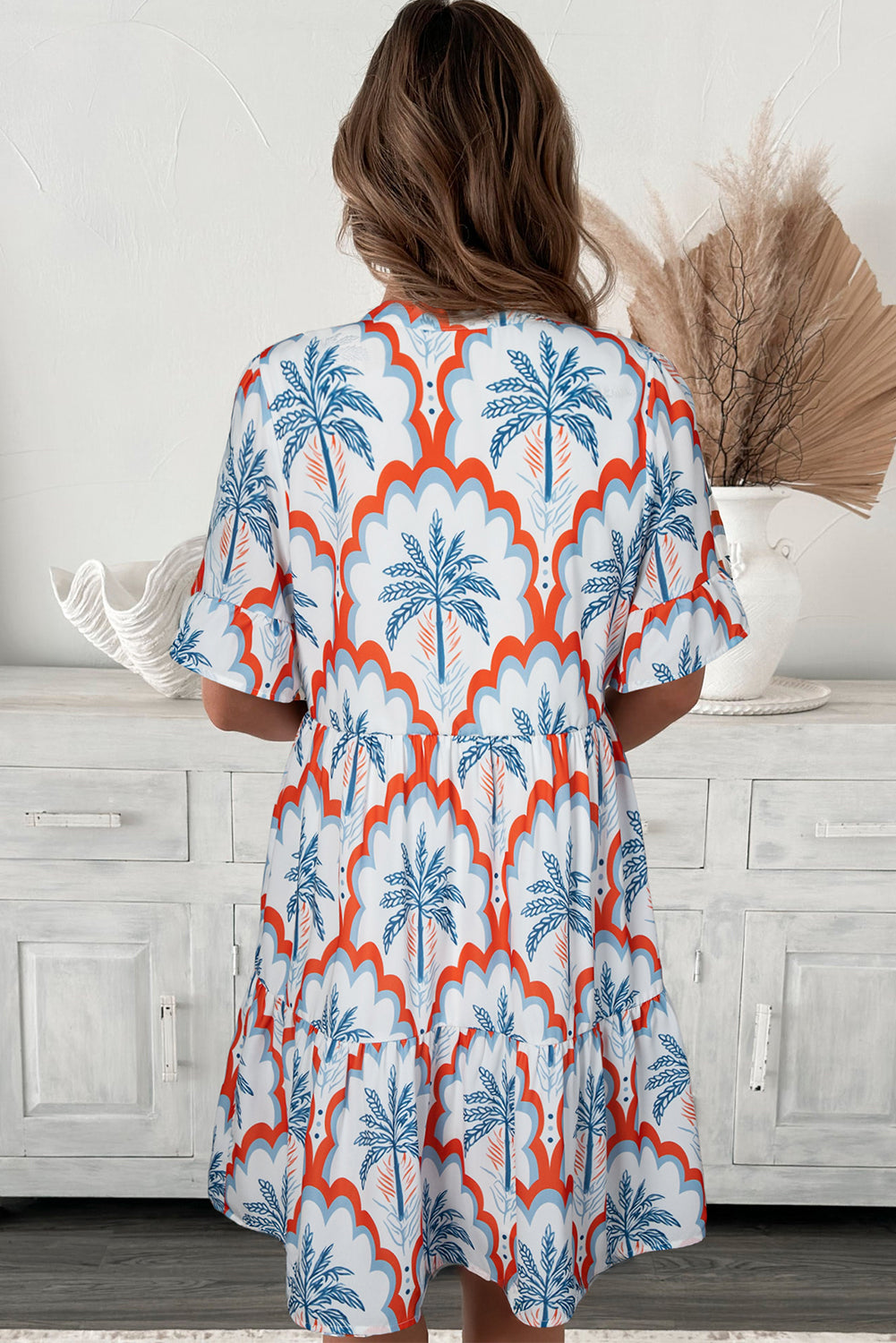 Orange Palm Tree Print Short Sleeve Flowy Dress