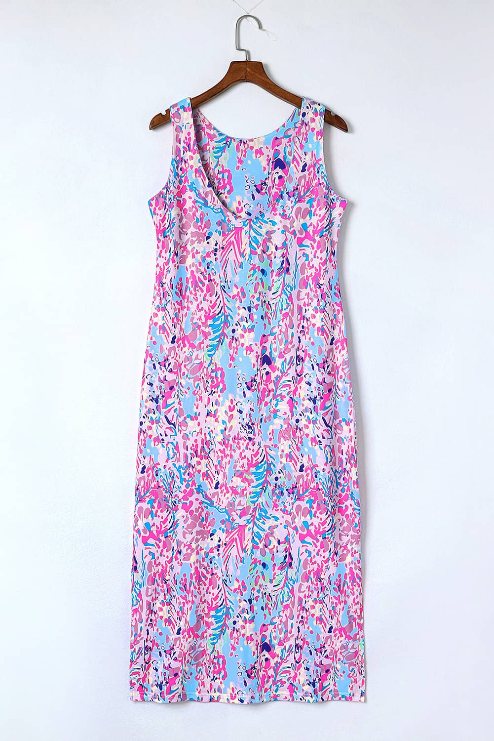 Purple Abstract Print Side Splits Round Neck Sleeveless Maxi Dress