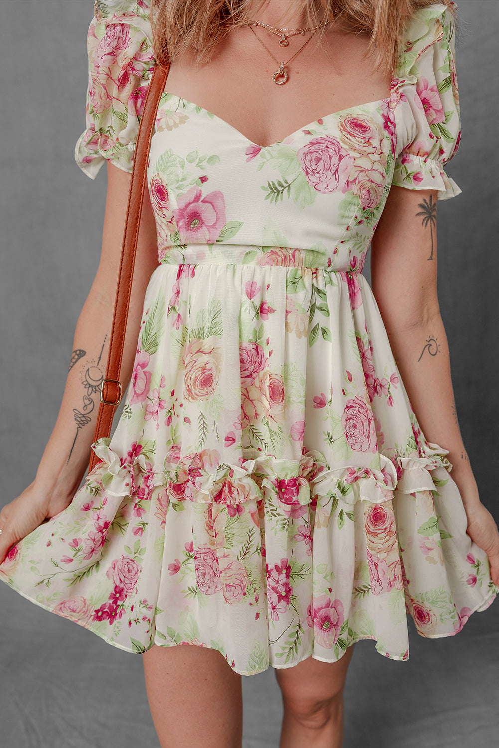 White Floral Print Sweetheart Neck Bubble Sleeve Ruffle Mini Dress