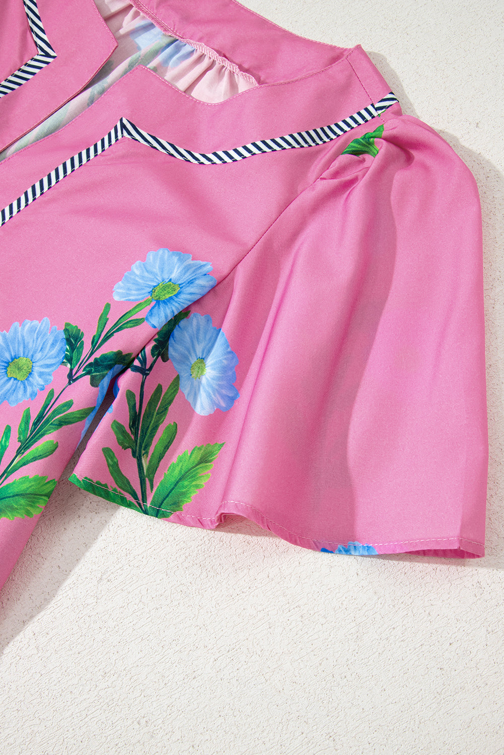 Blue Striped Trim Short Sleeve Split Neck Floral Mini Dress