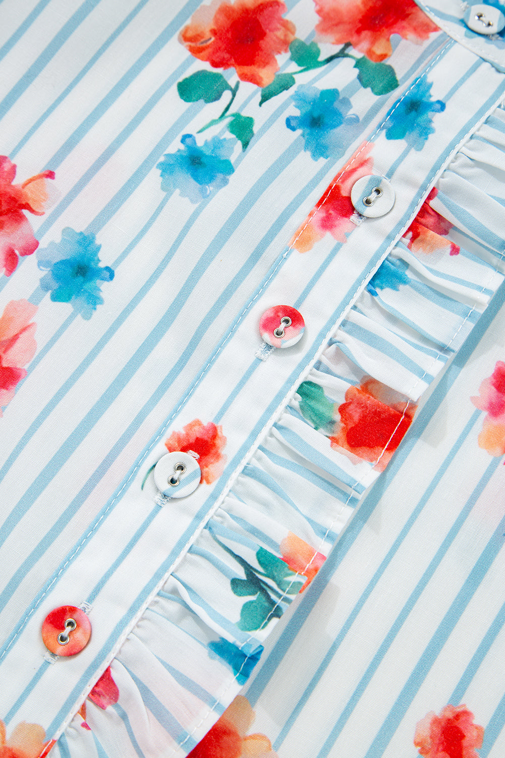 Sky Blue Striped Floral Print Ruffle Belted Mini Dress