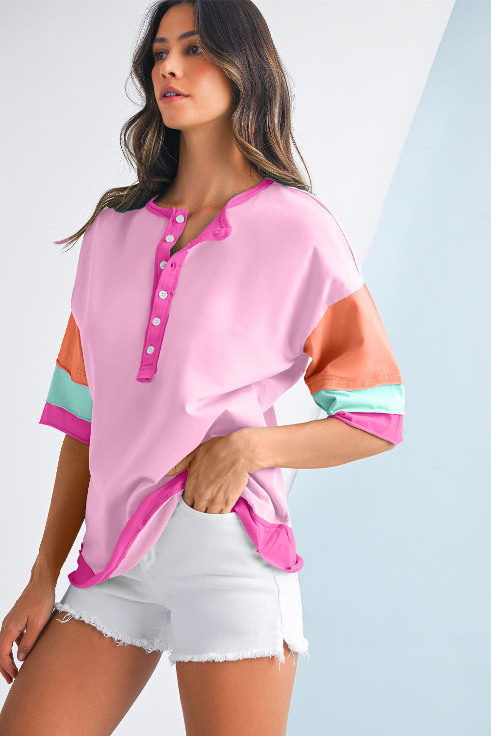 Mint Green Solid Color Half Sleeve Henley Top
