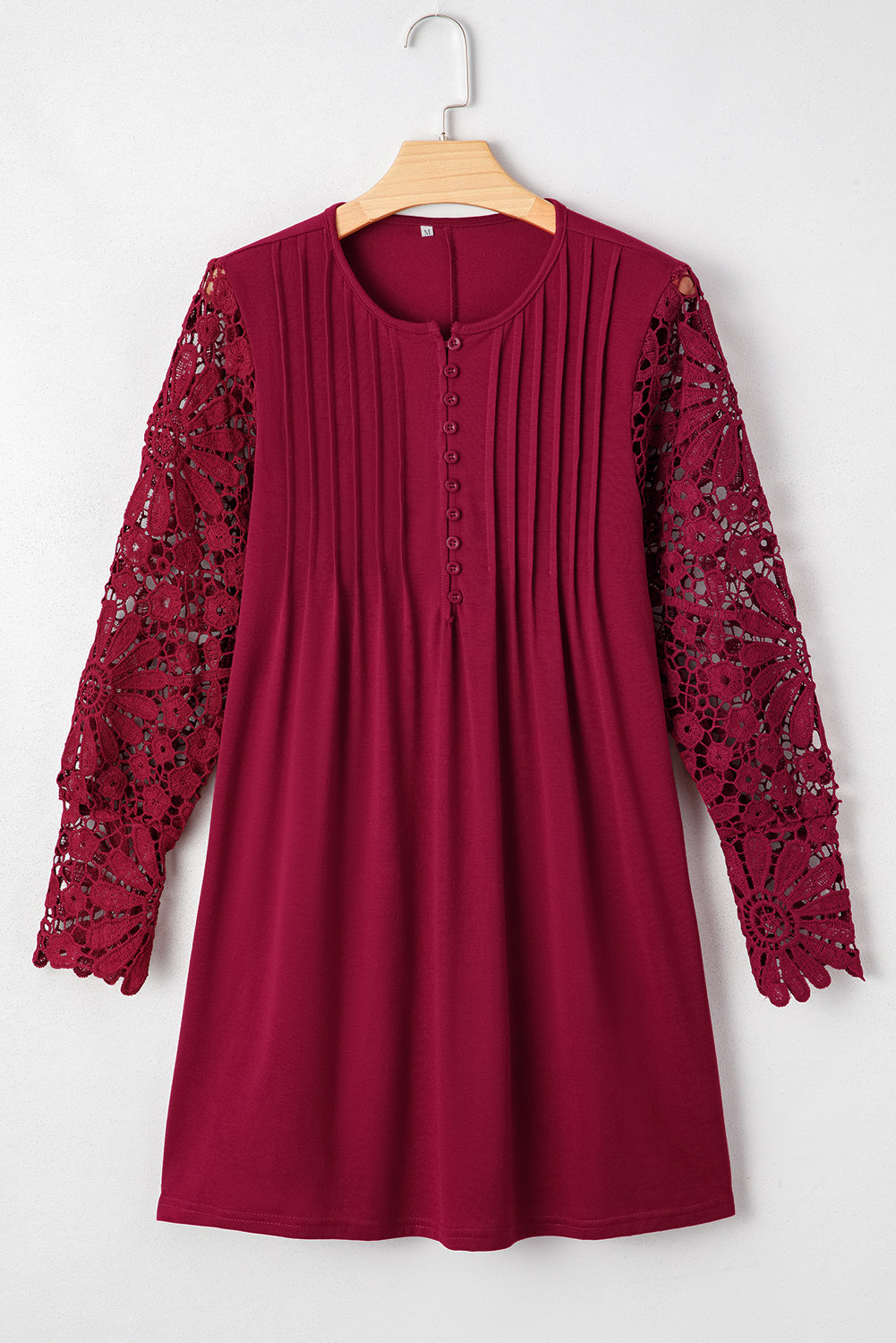 Burgundy Pleated Lace Sleeve Shift Mini Dress