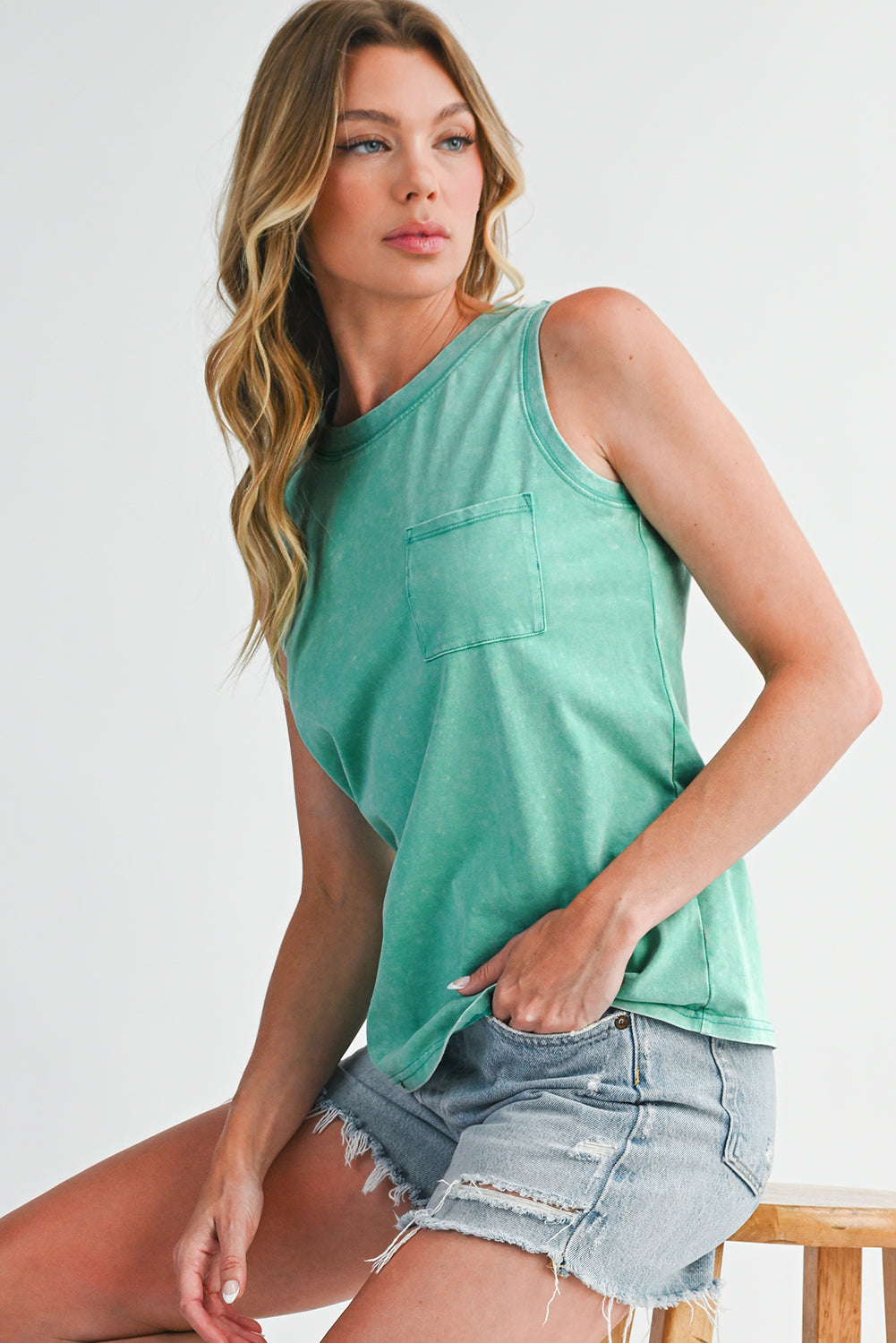 Phalaenopsis Mineral Wash Patched Chest Pocket Tank Top