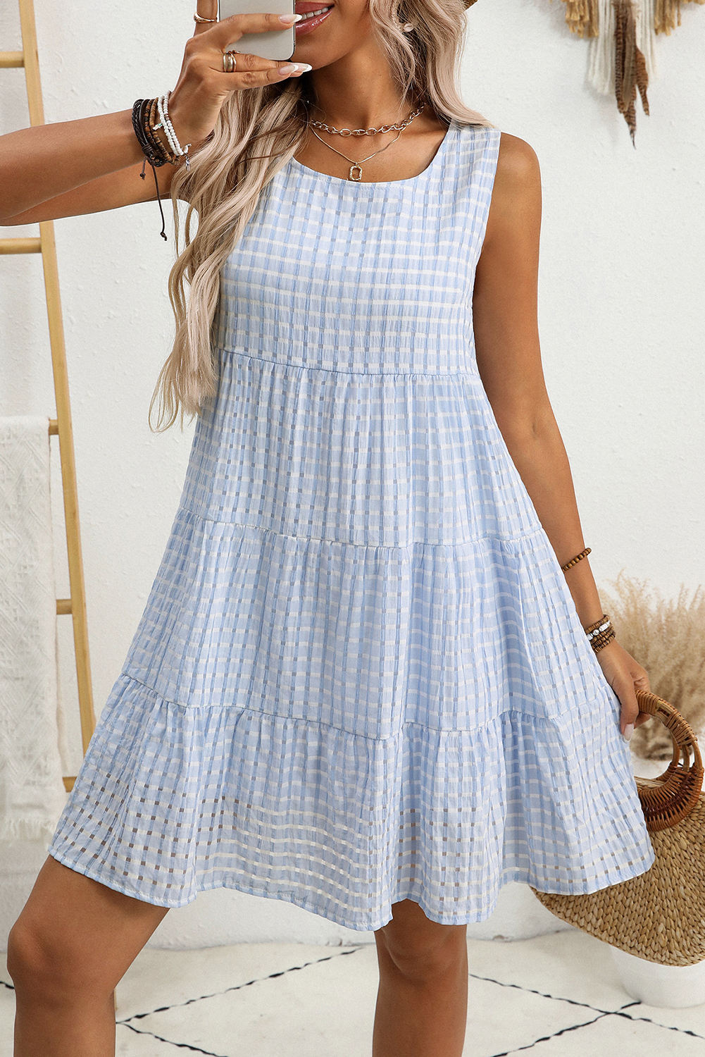 White Gingham High Waist Sleeveless Mini Dress