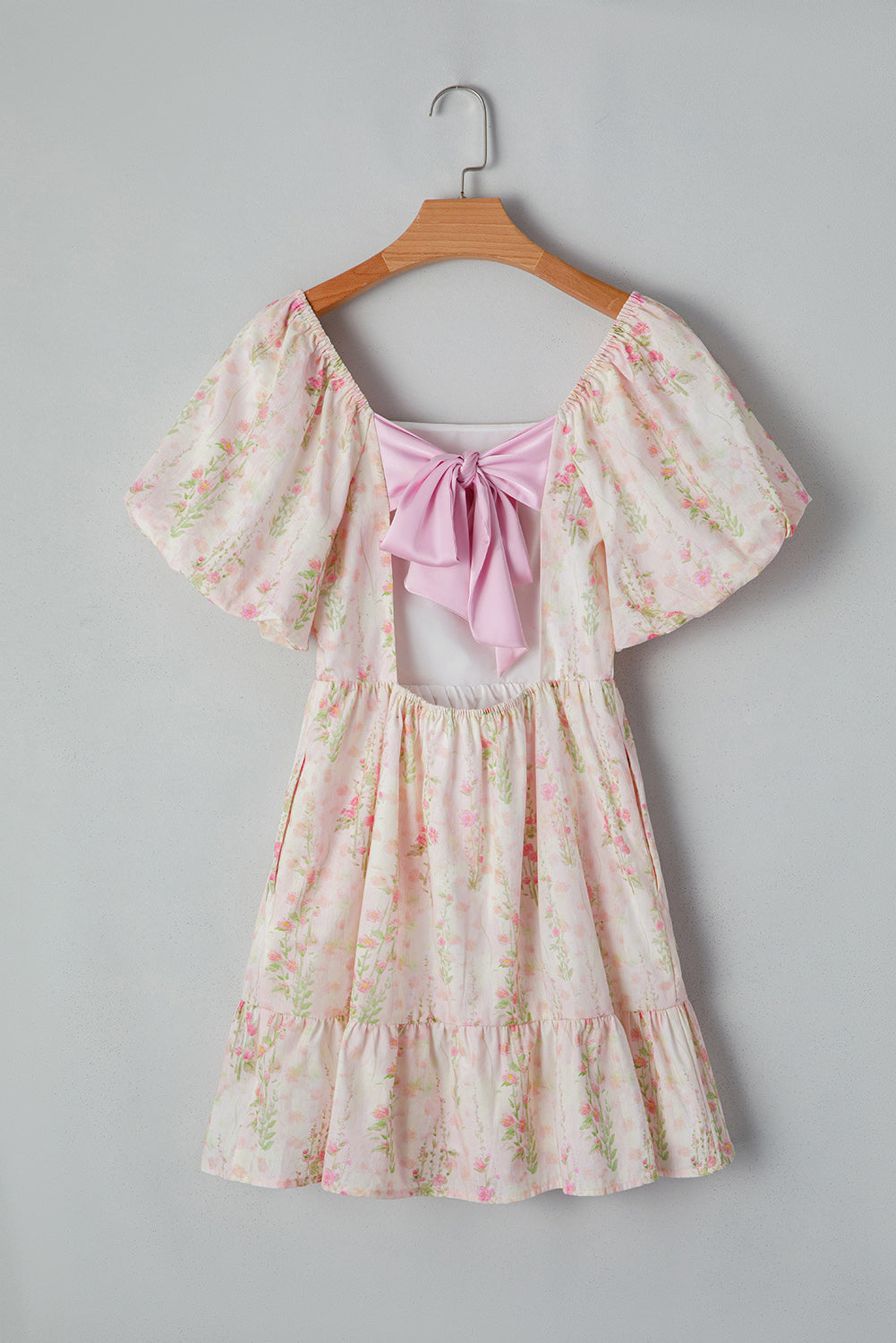 Pink Floral Puff Sleeve Square Neck Knotted Backless Ruffle Mini Dress