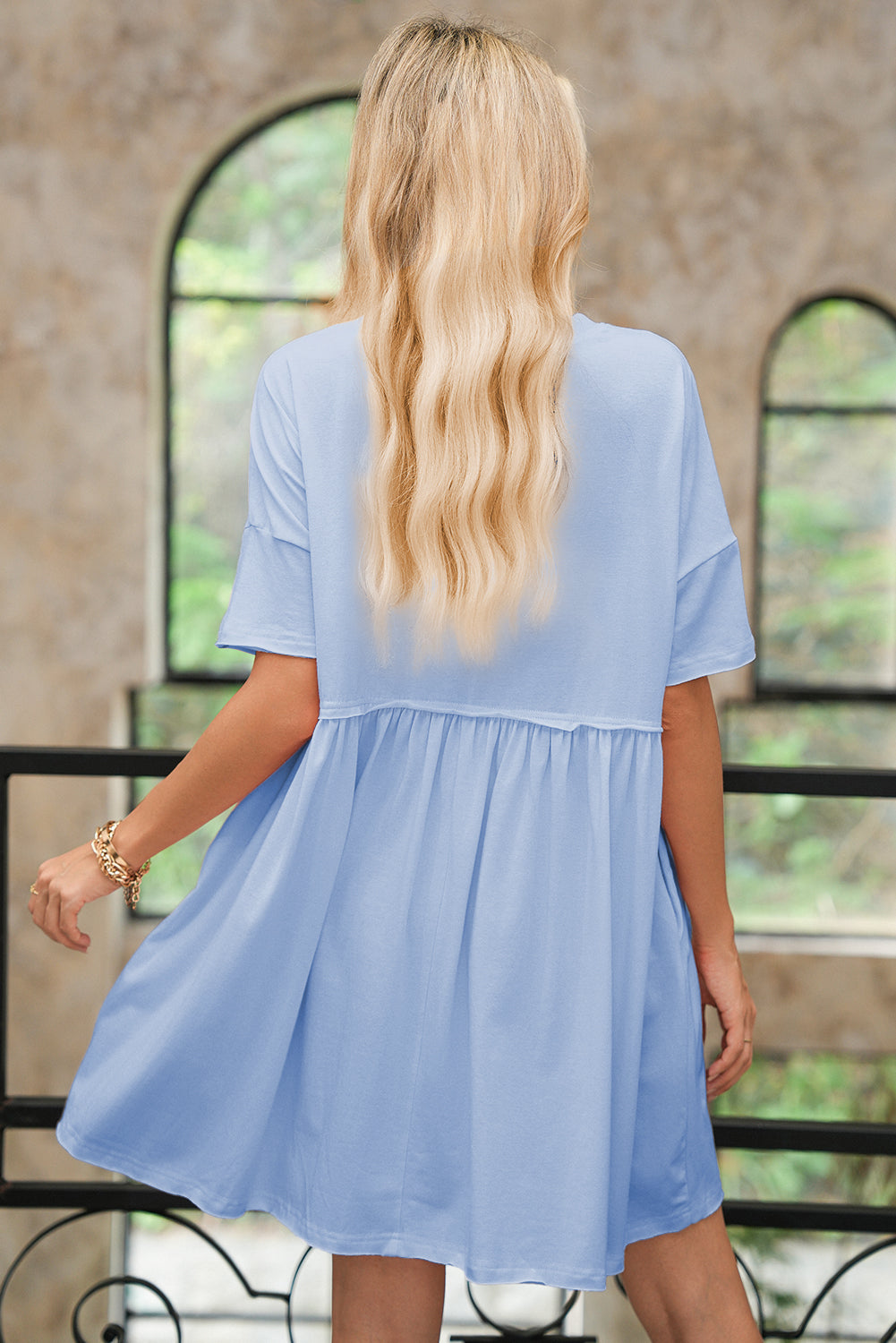 Moonlight Jade Solid Color Pocket Raw Edge Babydoll Dress