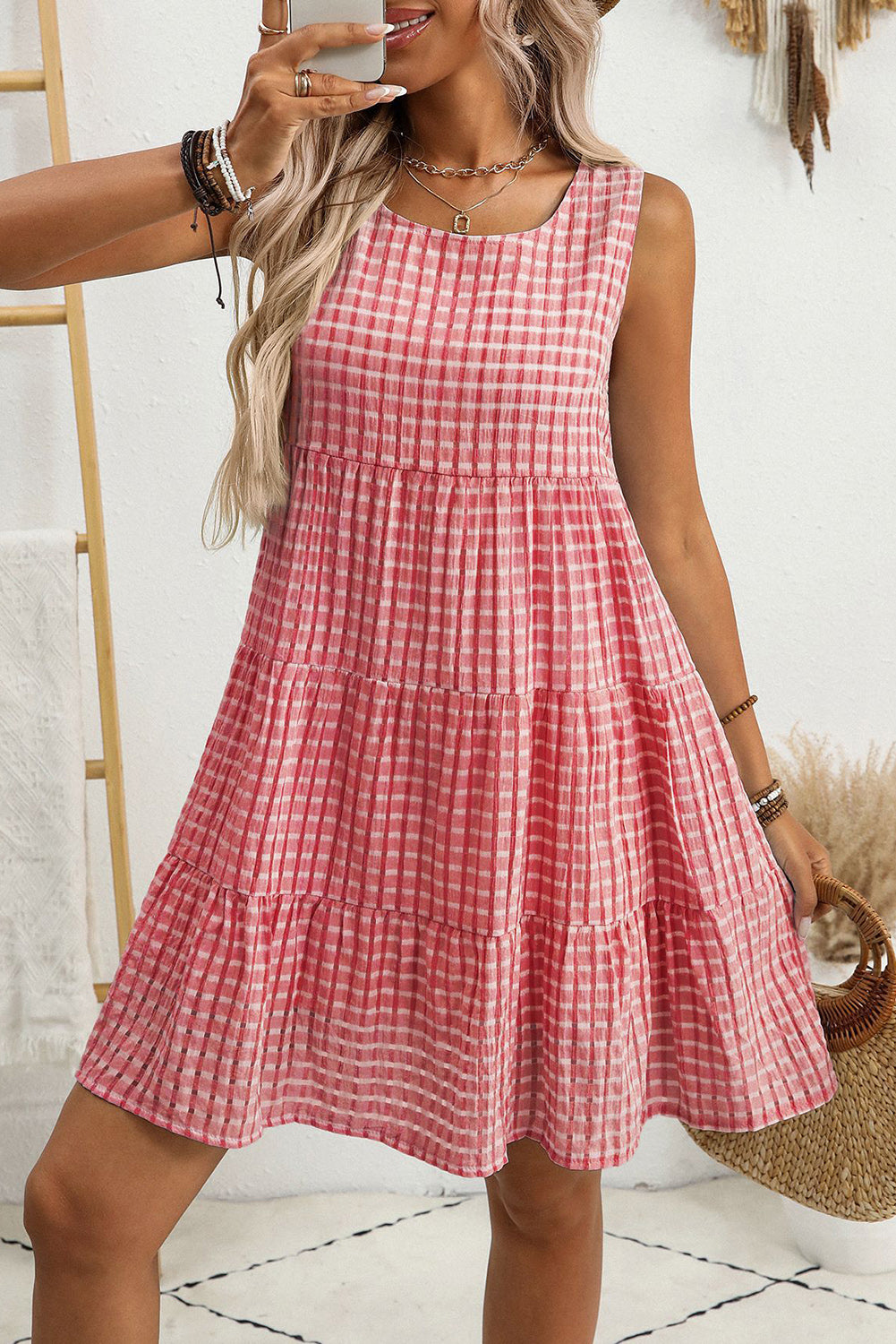 White Gingham High Waist Sleeveless Mini Dress