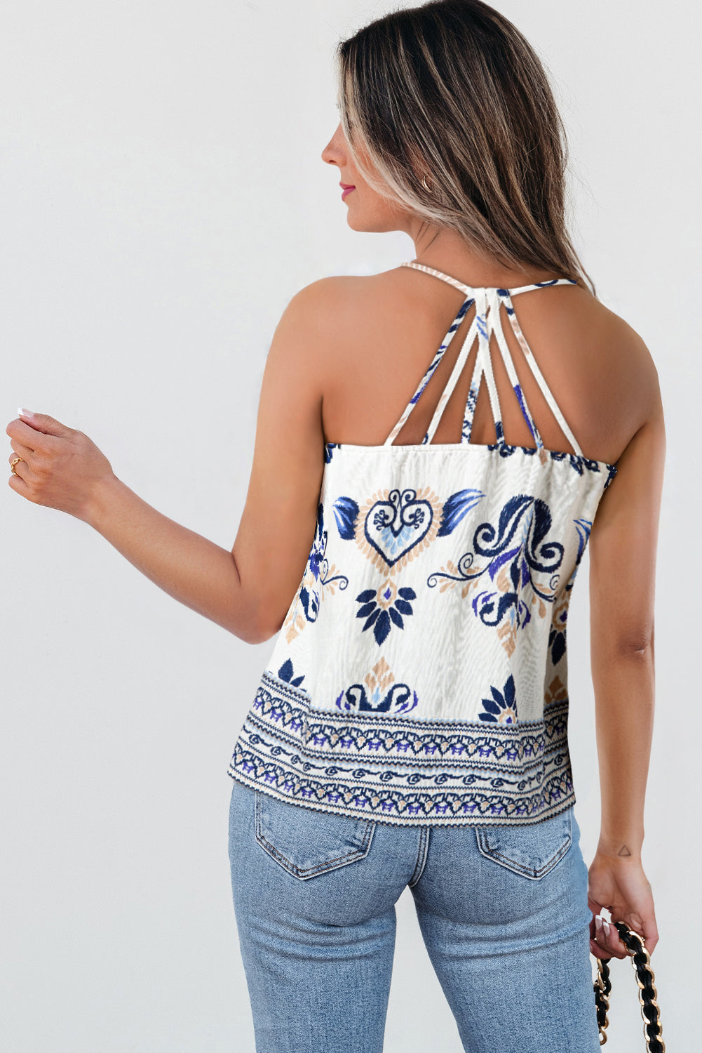Blue Bohemian Print Spaghetti Straps Loose Camisole