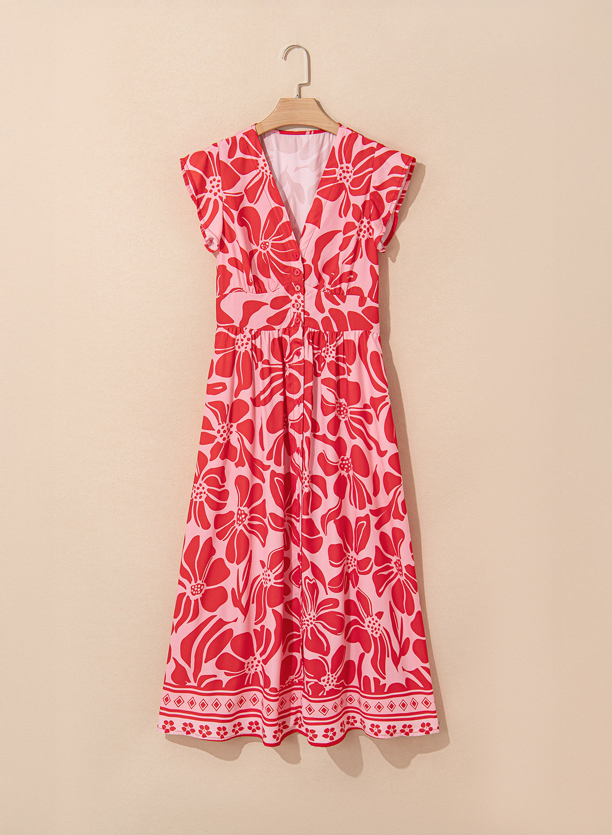 Red Boho Floral V-Neck Ruffle Shoulder Maxi Dress