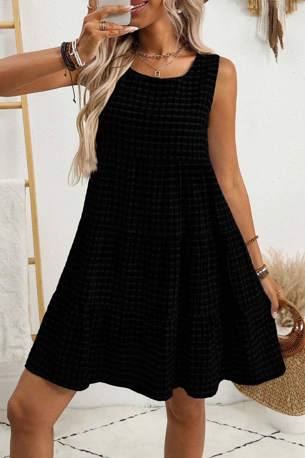 White Gingham High Waist Sleeveless Mini Dress