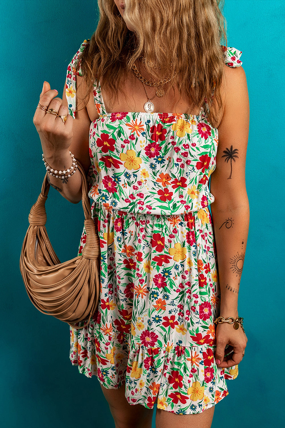 Red Floral Print Knotted Strap Cinched Waist Ruffle Hem Mini Dress