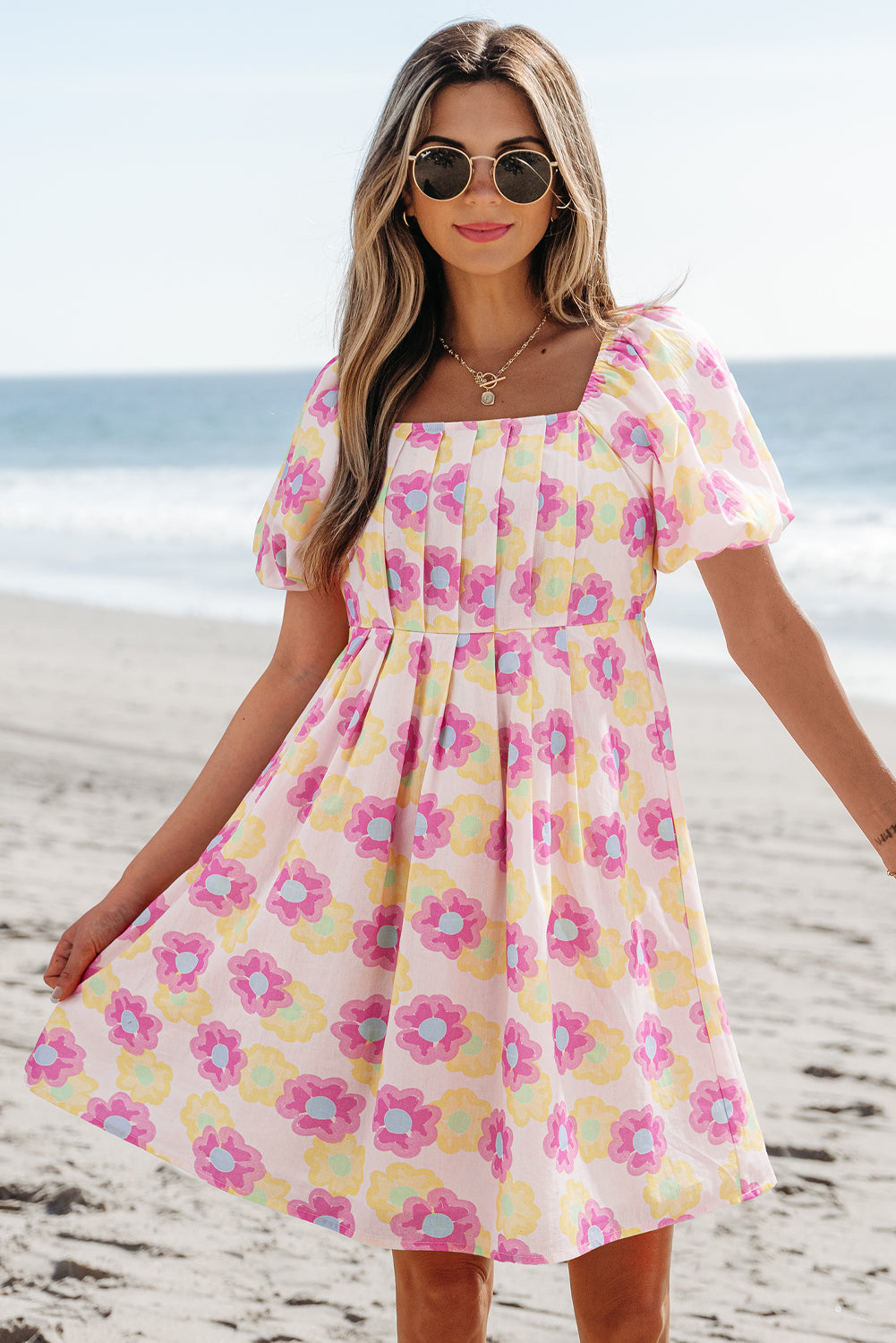 Rose Vibrant Floral Puff Sleeve Pleated Flared Mini Dress