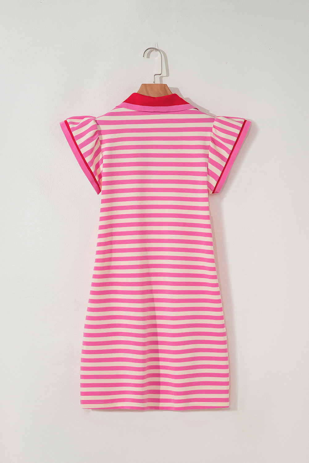 Dark Blue Striped Ruffle Short Sleeve Pop of Color Neckline Dress