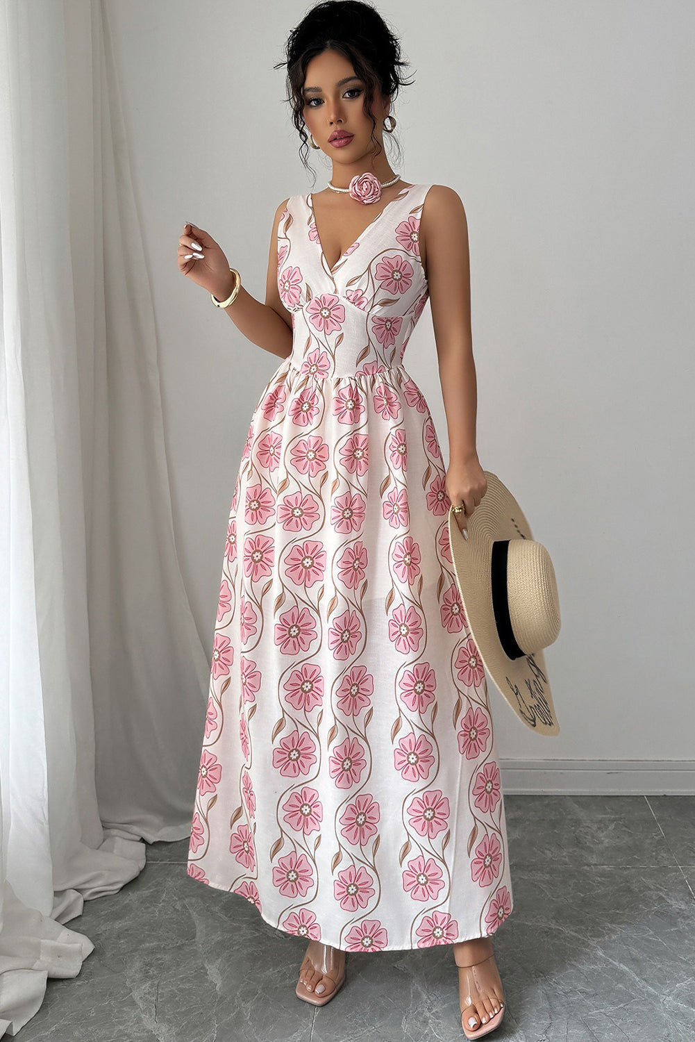 Pink Floral Print V Neck Sleeveless Maxi Dress