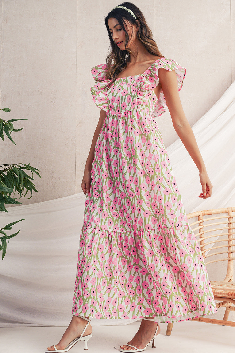 Blue Floral Print Square Neck Ruffled Strap Maxi Dress