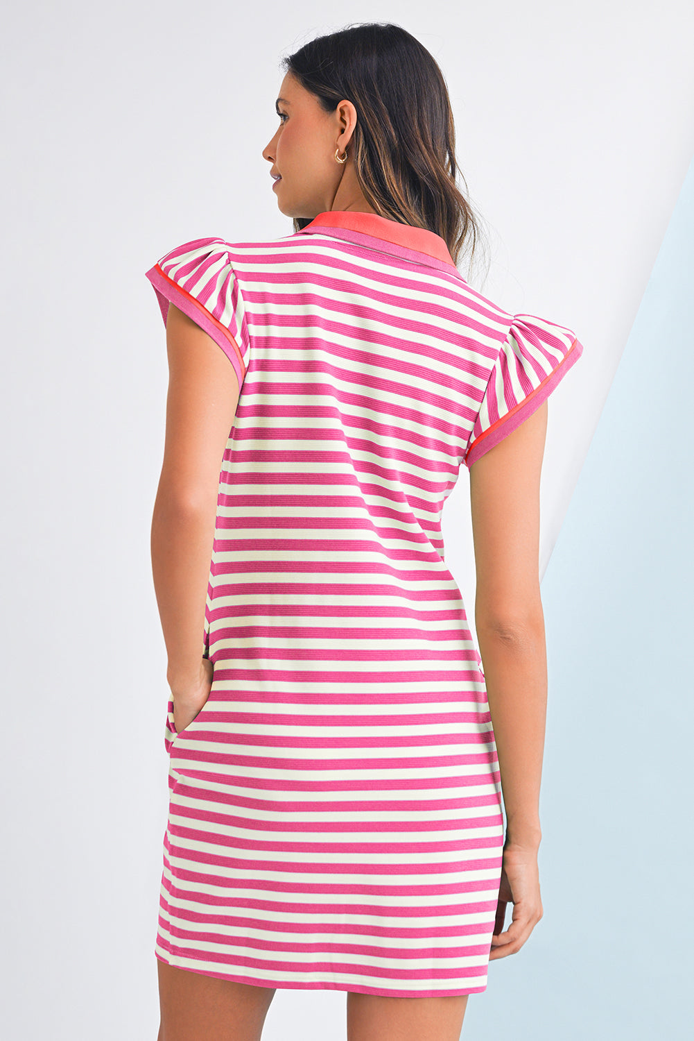 Dark Blue Striped Ruffle Short Sleeve Pop of Color Neckline Dress
