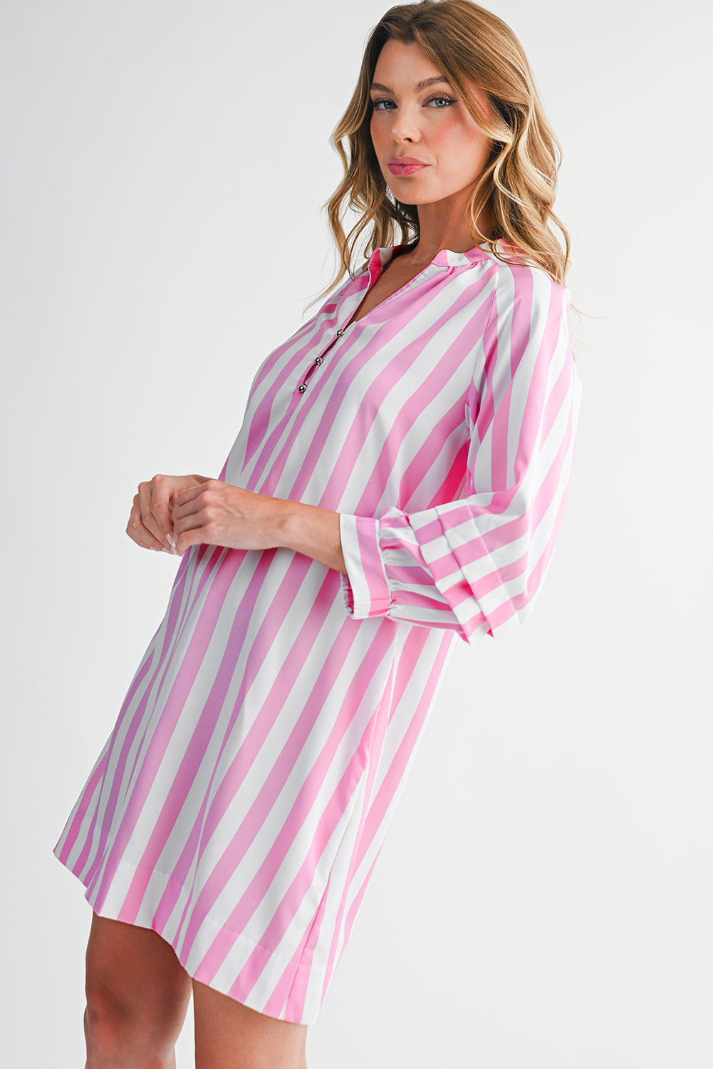 Rose Striped Long Sleeve Buttons Loose Mini Dress