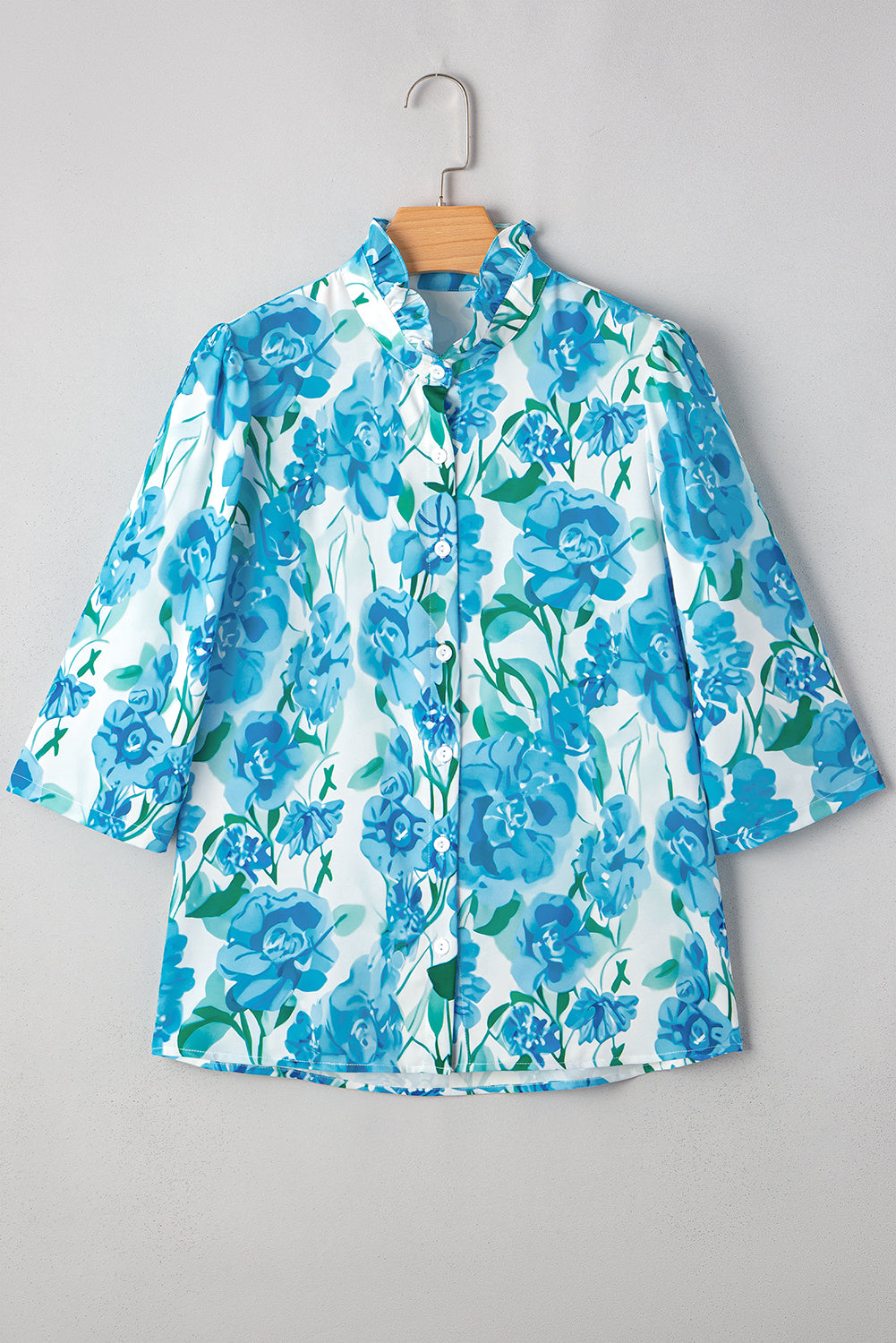 Green Floral Print Stand Neck Puff Sleeve Shirt