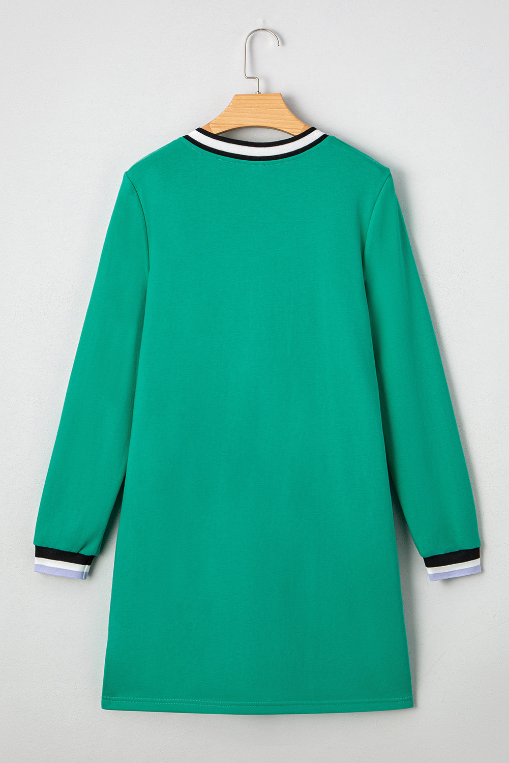 Mint Green Preppy Contrast Striped V Neck Long Sleeve T-shirt Dress
