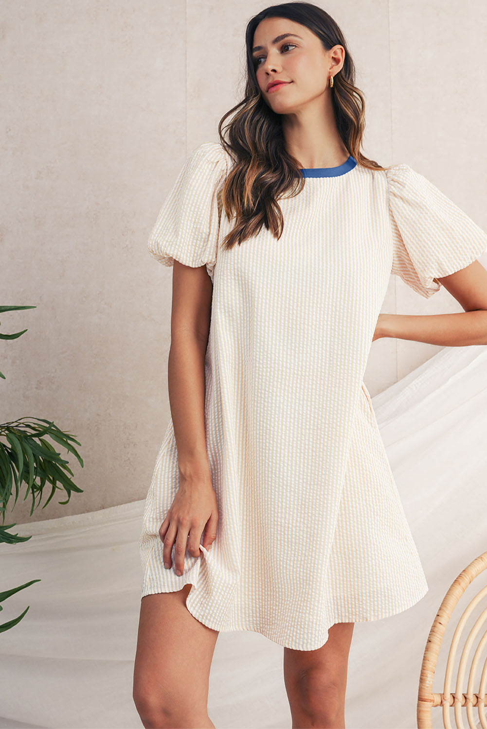Beige Striped Print Puff Sleeve Textured Mini Dress