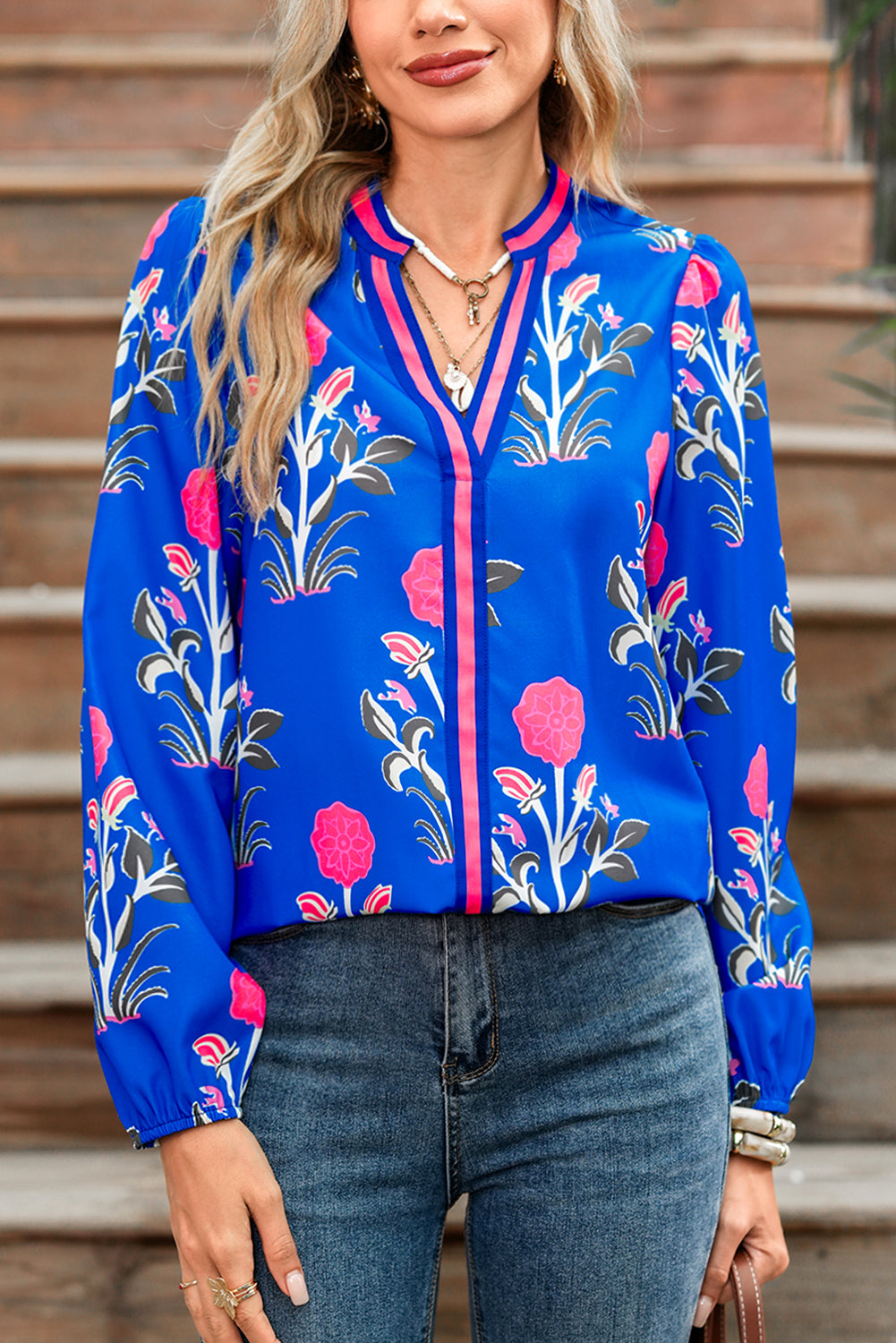 Blue Floral Print Pop Of Color V Neck Puff Sleeve Blouse
