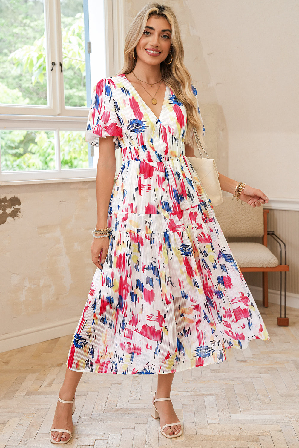 Sky Blue Abstract Print Short Puff Sleeve Tiered Maxi Dress