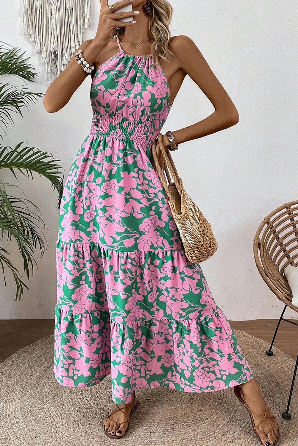 Pink Floral Shirred High Waist Tiered Halter Dress