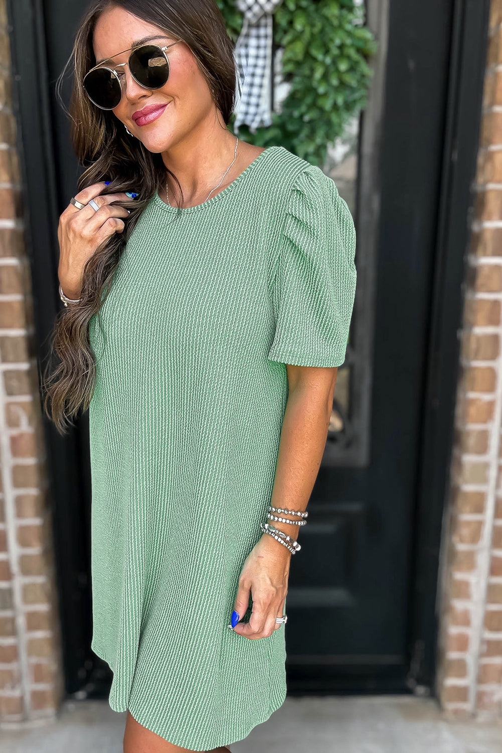 Blossom Corded Crew Neck Puff Sleeve Mini Dress