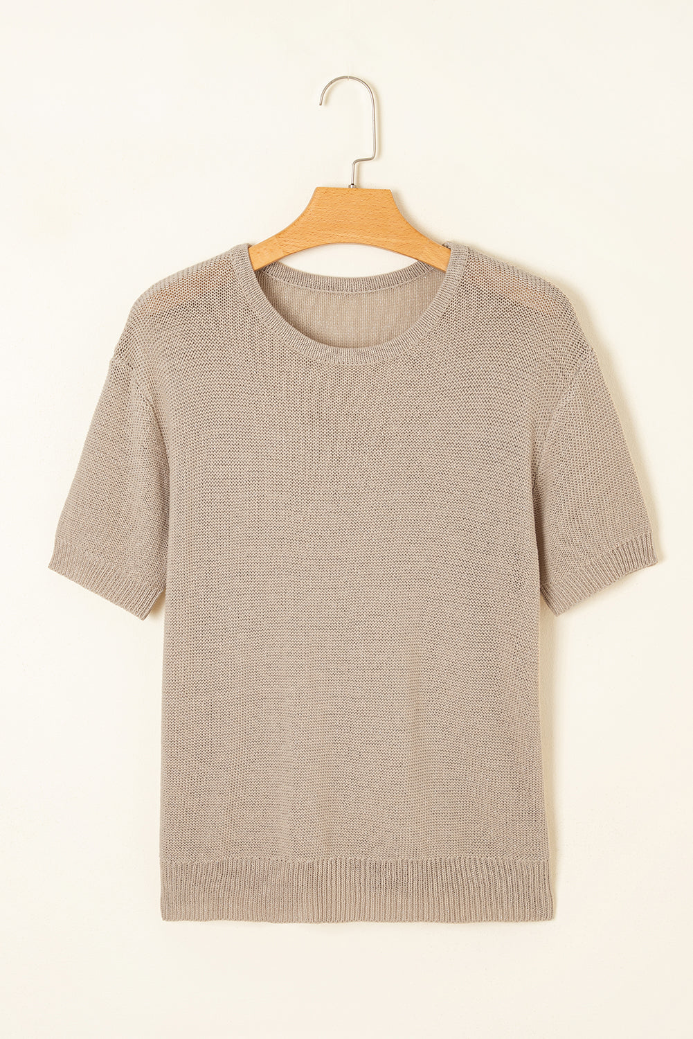 Beige Shiny Plain Short Sleeve Knit Top
