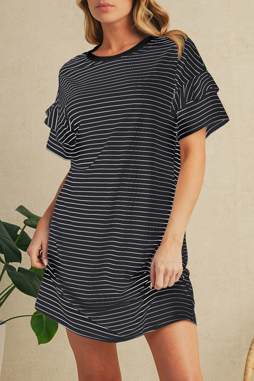 Green Stripe Ruffle Short Sleeve T Shirt Mini Dress