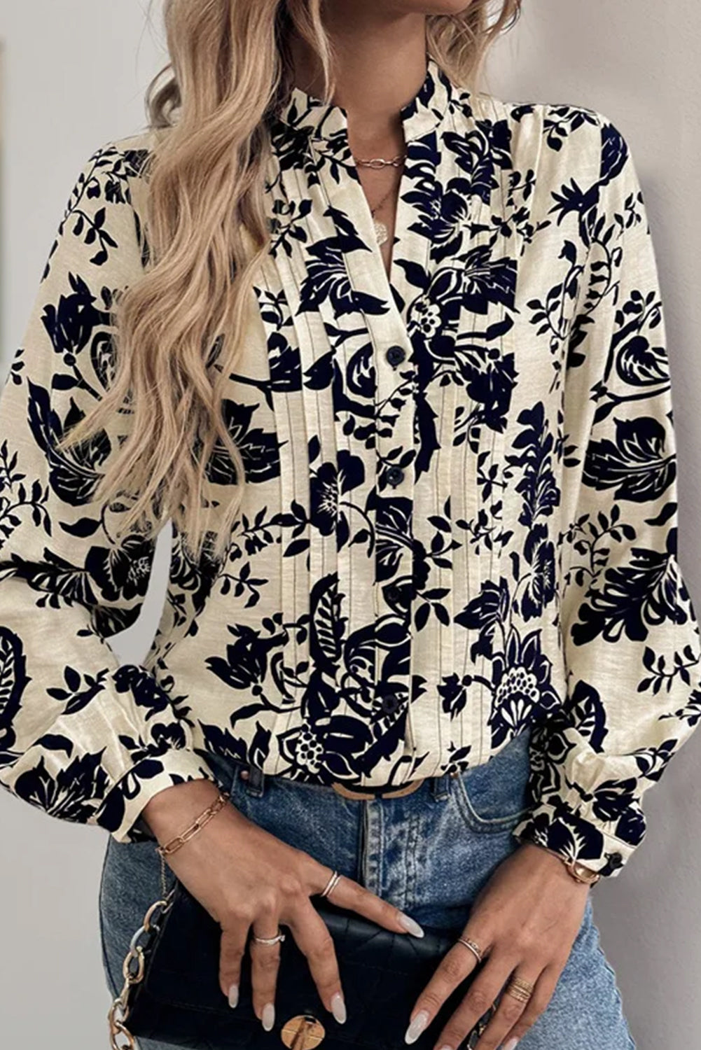 Apricot Botanical Print Pleated Button-up Shirt
