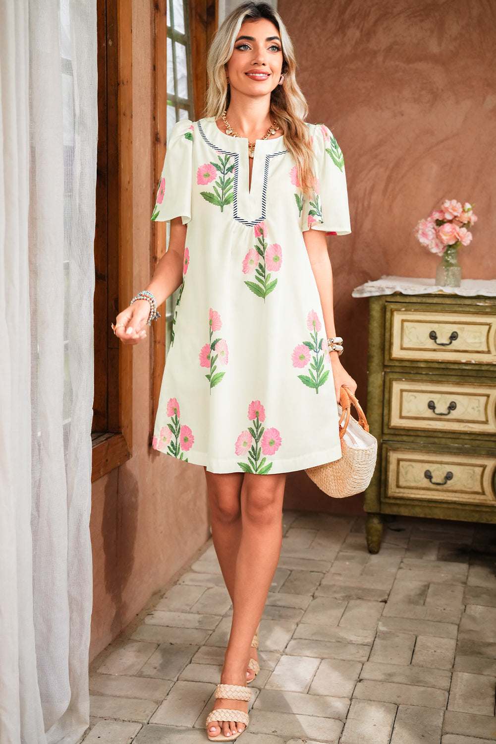 Blue Striped Trim Short Sleeve Split Neck Floral Mini Dress