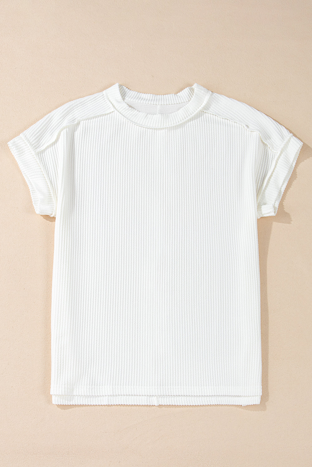 Medium Grey Crinkle Rib Knit Exposed Seam Round Neck T-shirt