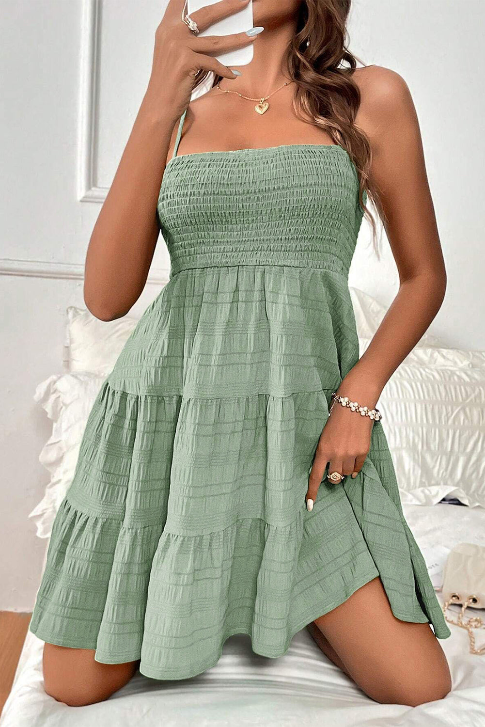 Smoke Green Solid Color Shirred Spaghetti Strap Textured Dress
