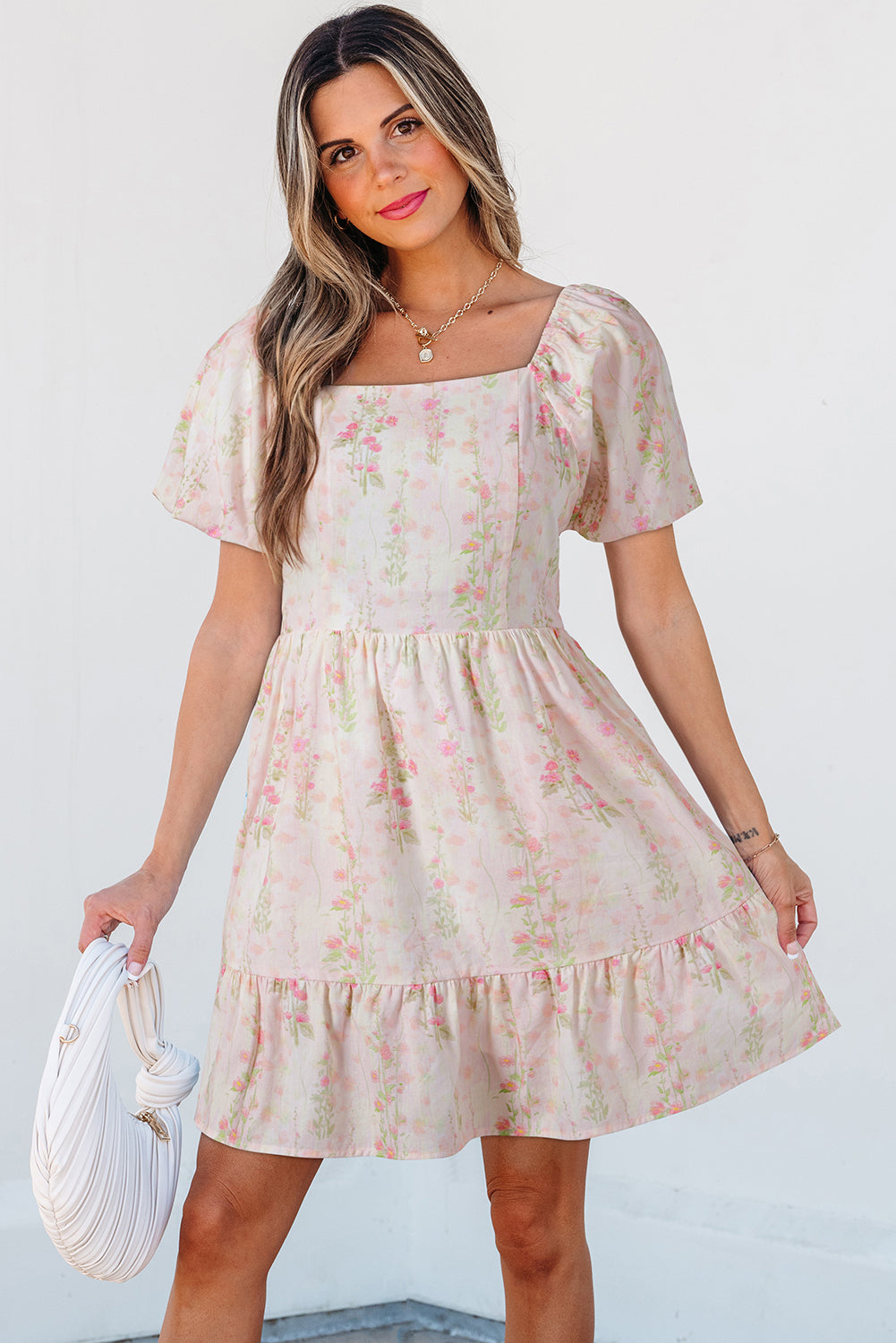 Pink Floral Puff Sleeve Square Neck Knotted Backless Ruffle Mini Dress