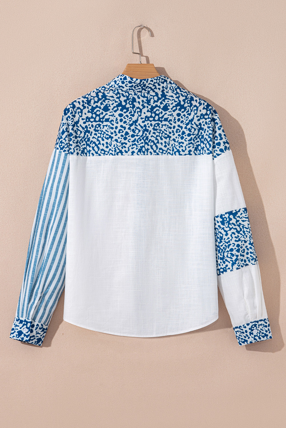 Sky Blue Leopard Striped Patchwork Button-up Shirt