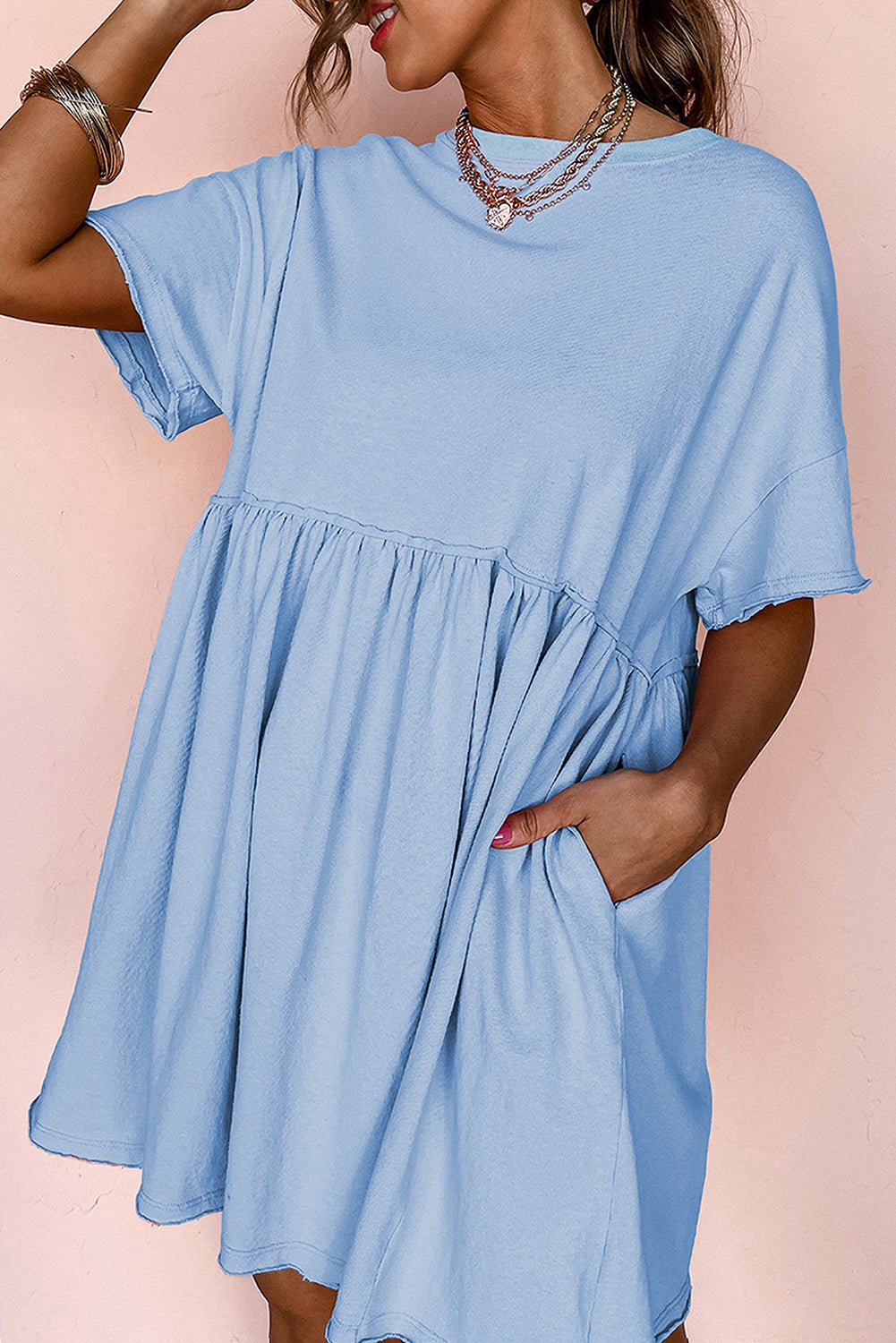 Moonlight Jade Solid Color Pocket Raw Edge Babydoll Dress