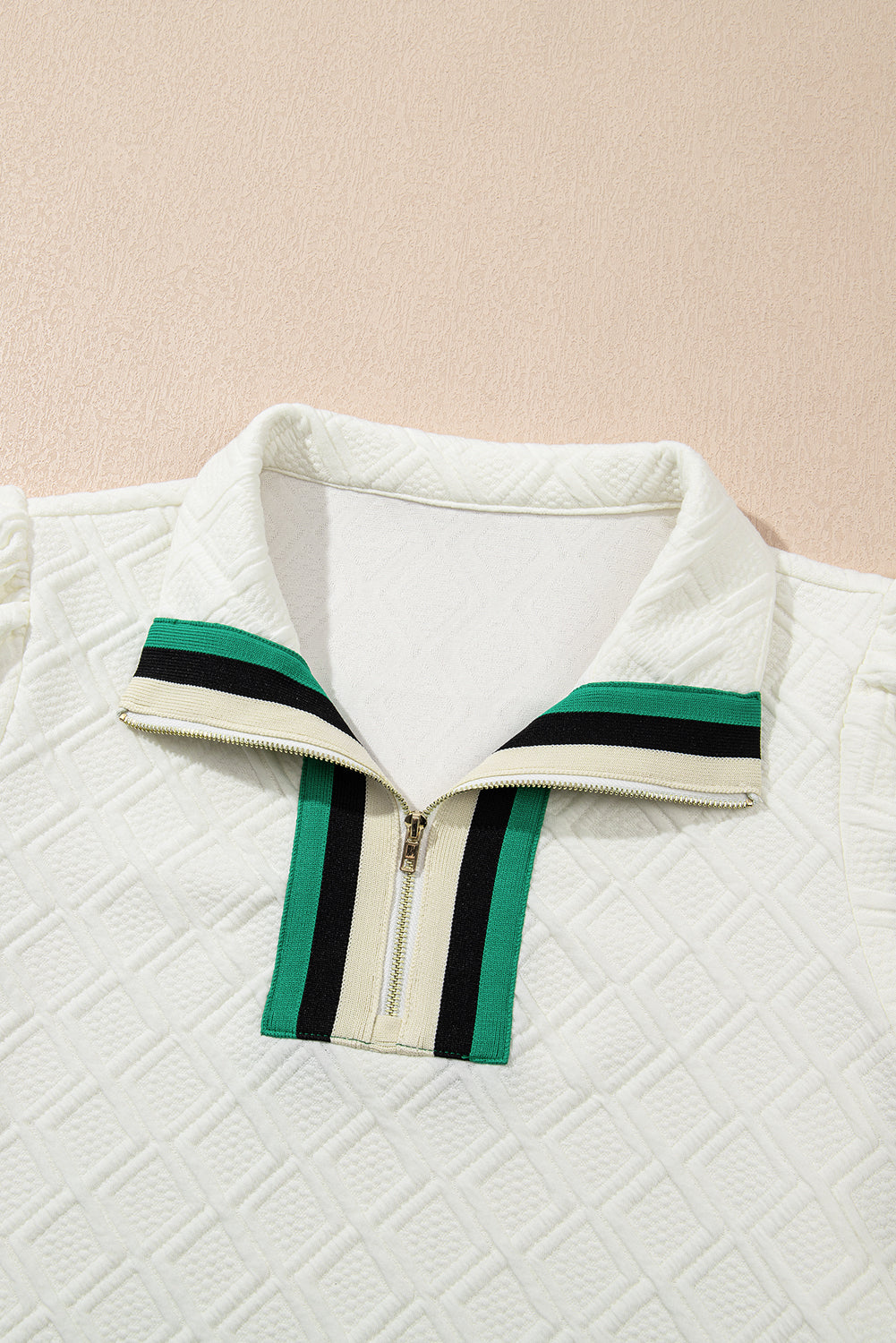 White Pop of Color Neckline Checkered Textured Puff Sleeve Mini Dress