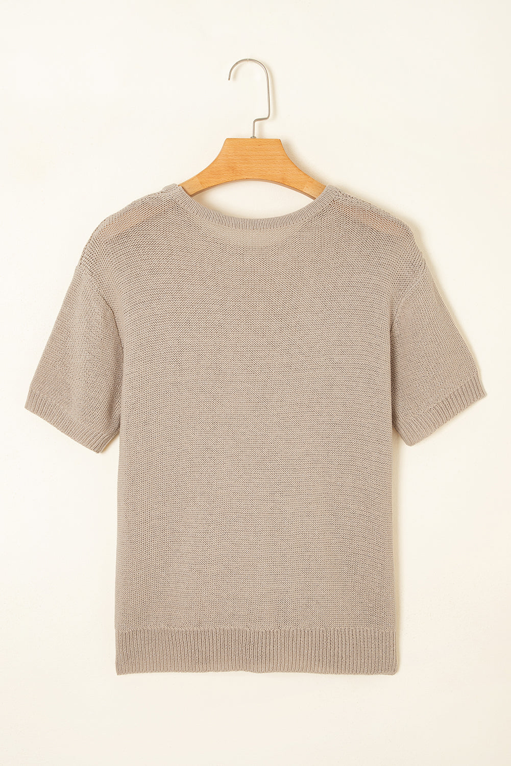 Beige Shiny Plain Short Sleeve Knit Top