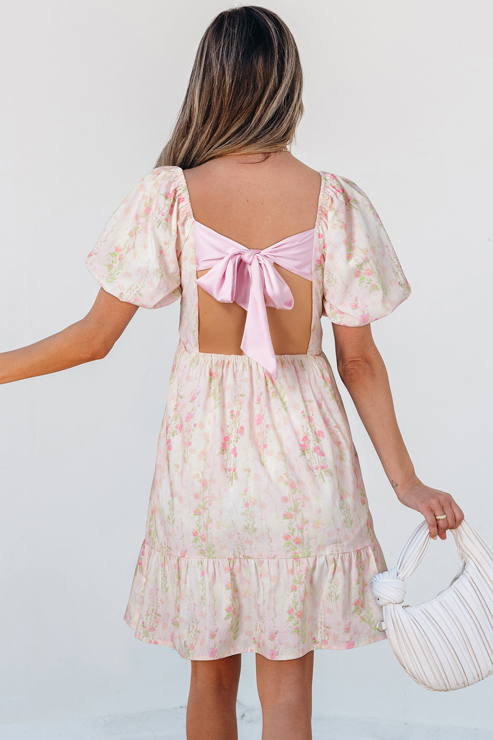Pink Floral Puff Sleeve Square Neck Knotted Backless Ruffle Mini Dress