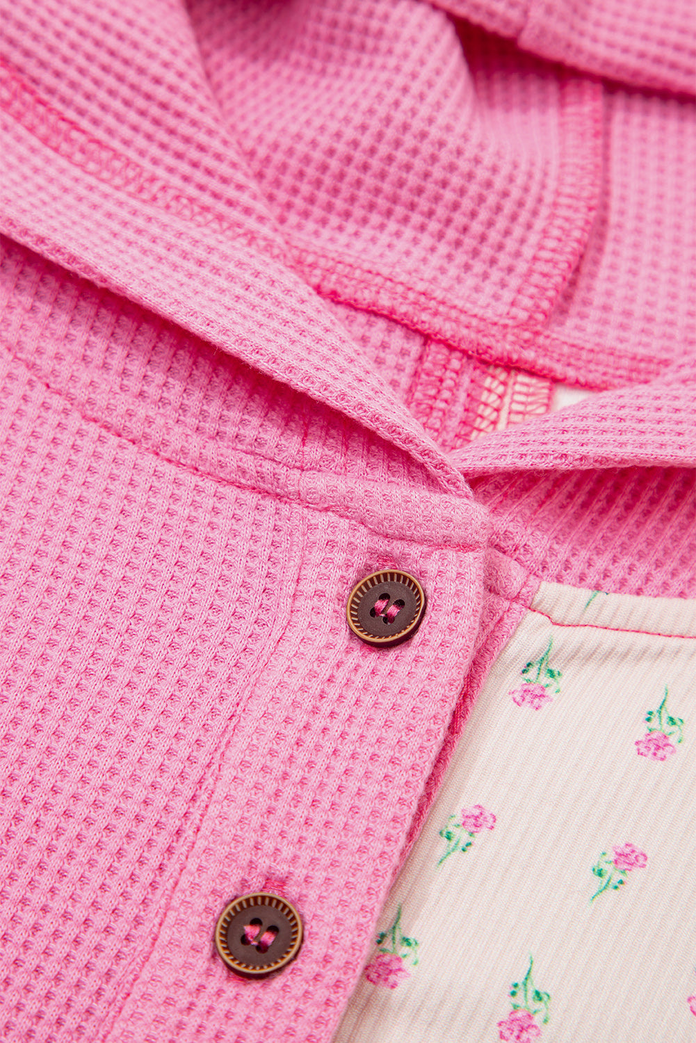 Pink Mixed Texture Waffle Floral Patchwork Hooded Oversized Pullover Top