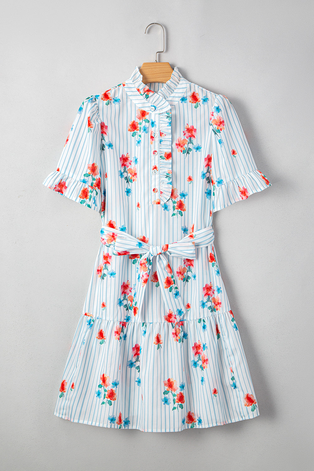 Sky Blue Striped Floral Print Ruffle Belted Mini Dress