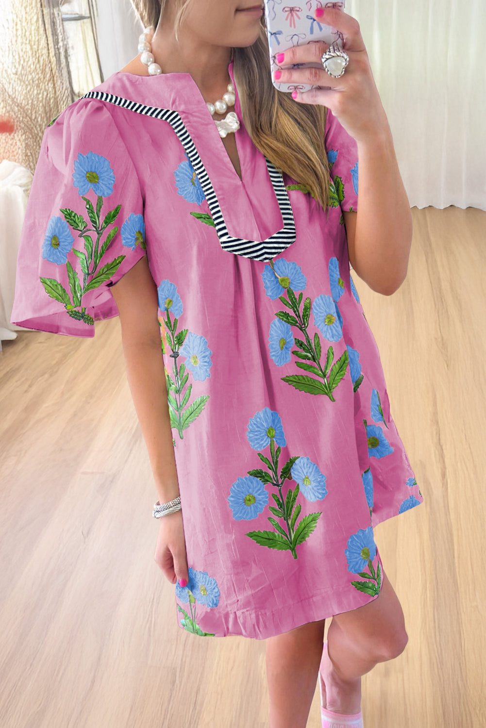 Blue Striped Trim Short Sleeve Split Neck Floral Mini Dress