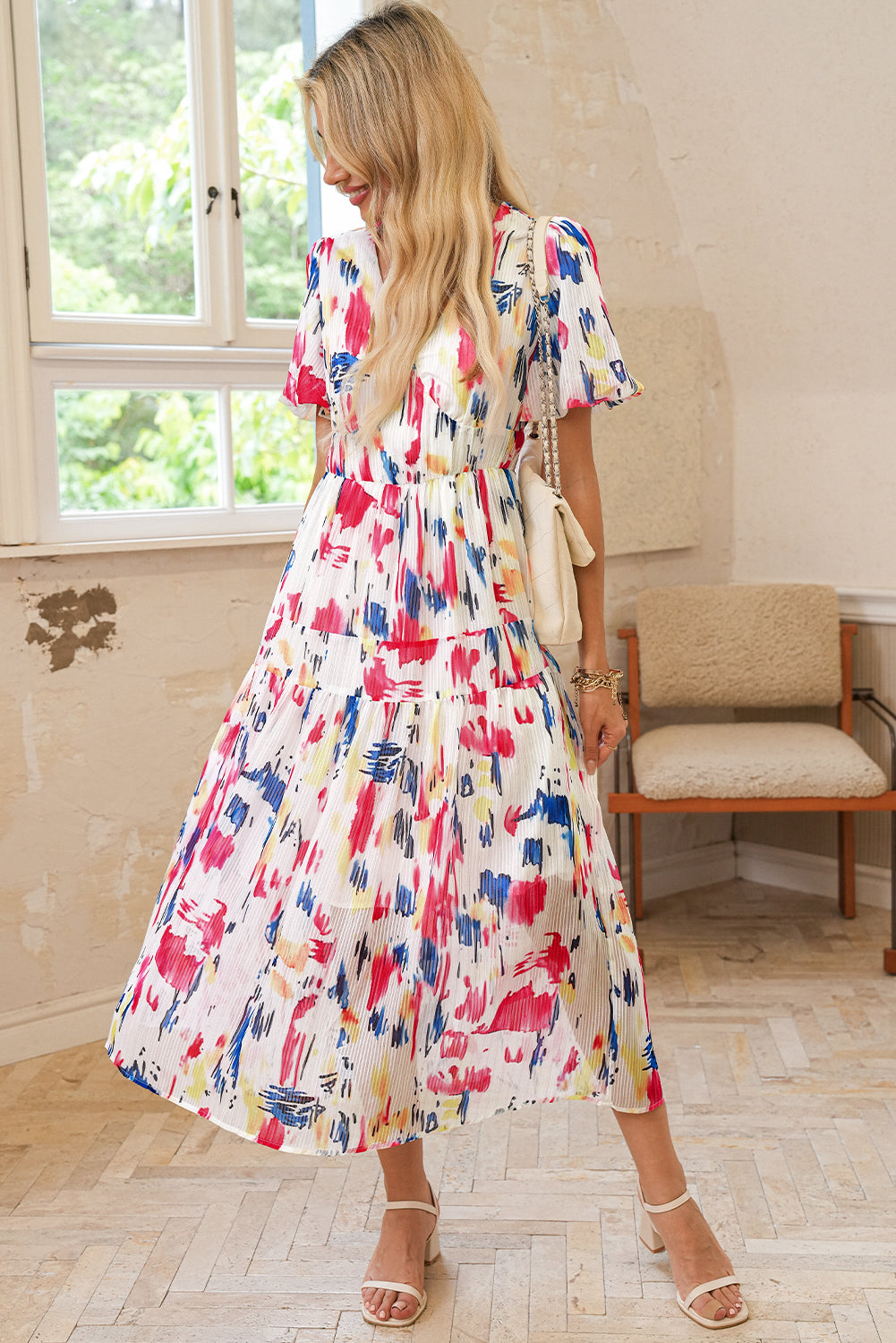Sky Blue Abstract Print Short Puff Sleeve Tiered Maxi Dress