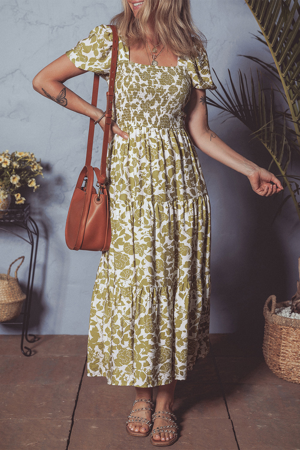 Yellow Boho Floral Print Square Neck Puff Sleeve Tiered Maxi Dress