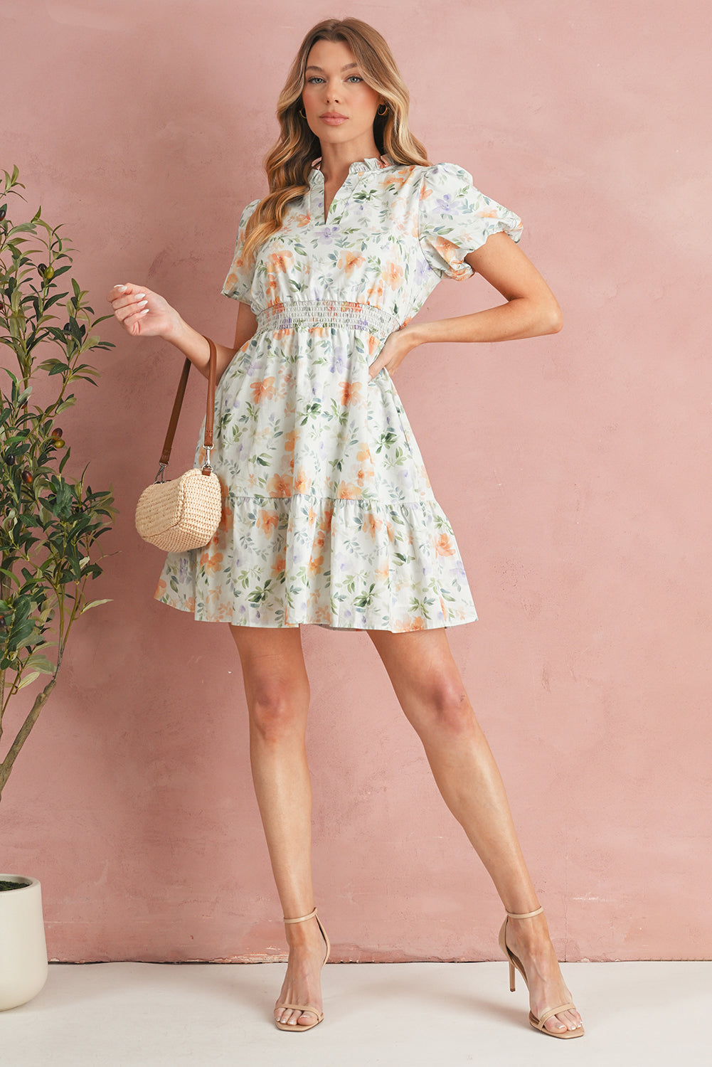 Beige Floral Print Smocked High Waist Puff Sleeve Mini Dress