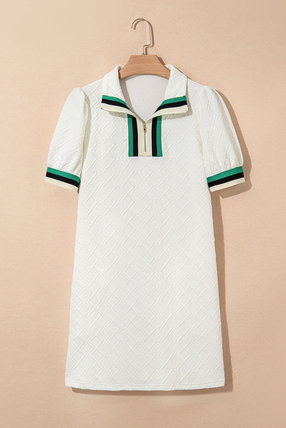 White Pop of Color Neckline Checkered Textured Puff Sleeve Mini Dress