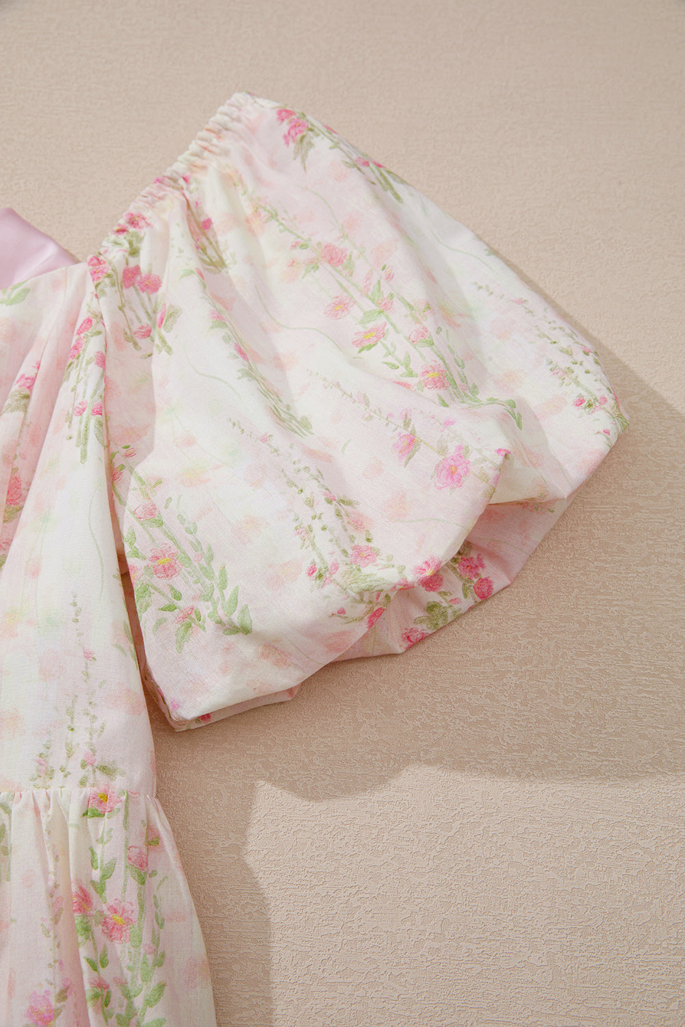 Pink Floral Puff Sleeve Square Neck Knotted Backless Ruffle Mini Dress