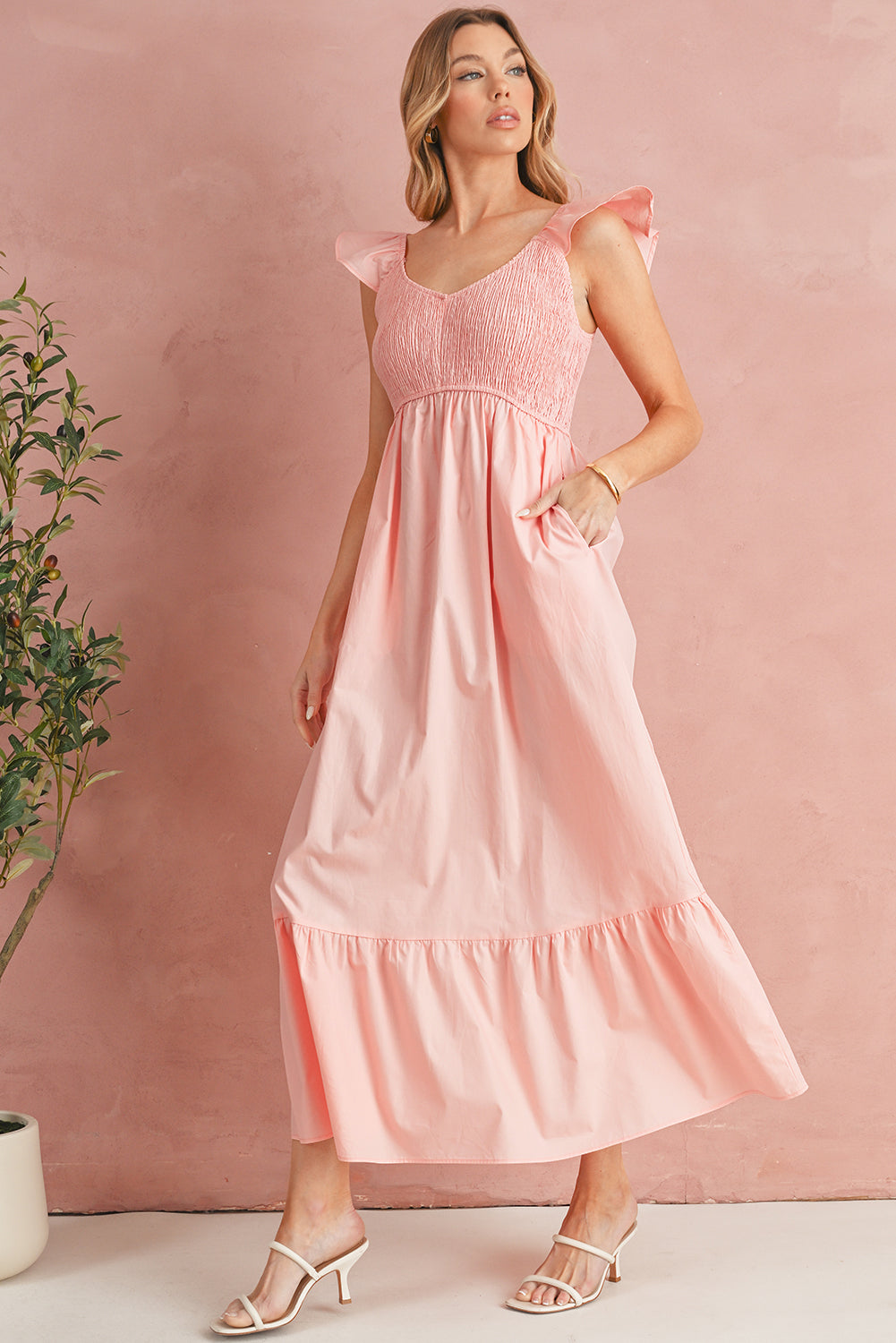 Apricot Pink V Neck Flutter Sleeve Smocked Bodice High Waist Ruffle Maxi Dress